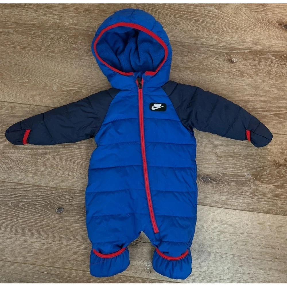 Nike Baby Puffer Snowsuit Blue Red Hooded Bunting Size 6 Months